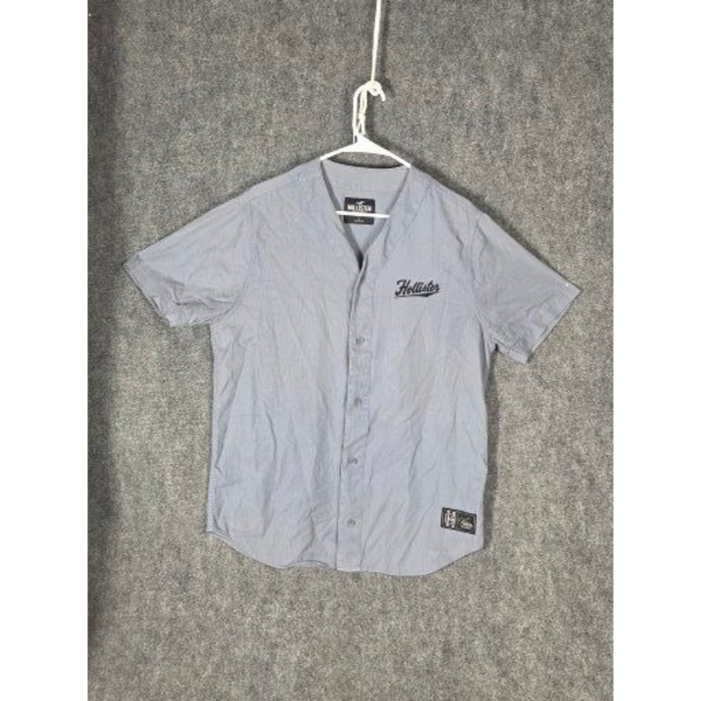Hollister Shirt Mens L Large Gray Baseball Jersey Button Up Short Sleeve Casual